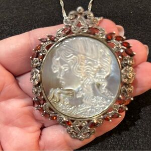 Elegant Silver and Red Cameo Pendant with Chain